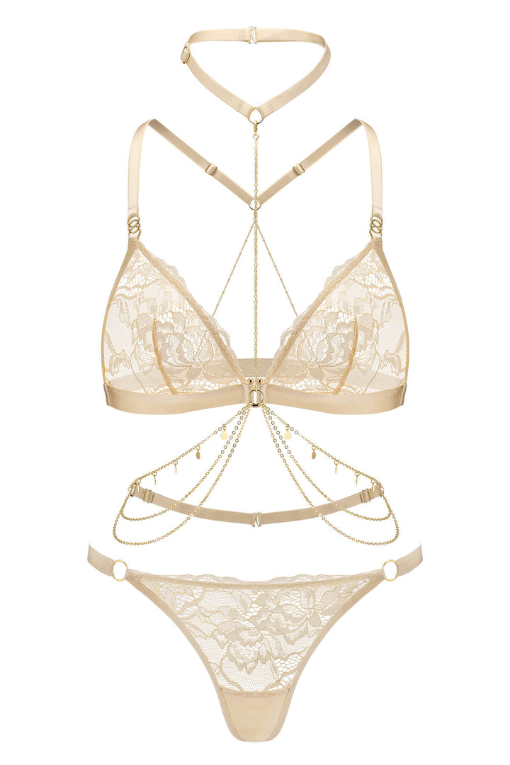 Aglaia Eyelash Lace 3 Piece Lingerie Set Champagne