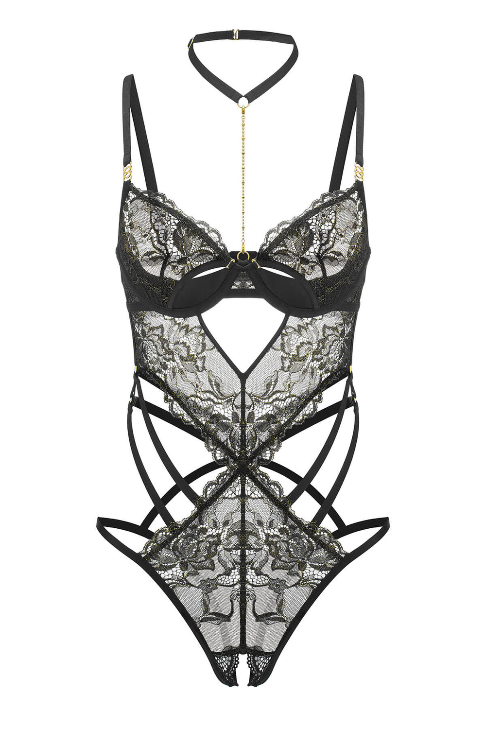 Aglaia Eyelash Lace Ouvert Harness Bodysuit Black