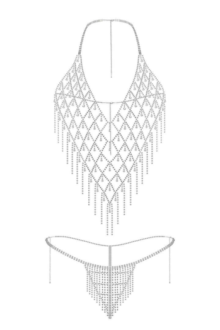 Reverie Rhinestone Halter Top 2 Piece Lingerie Set Silver
