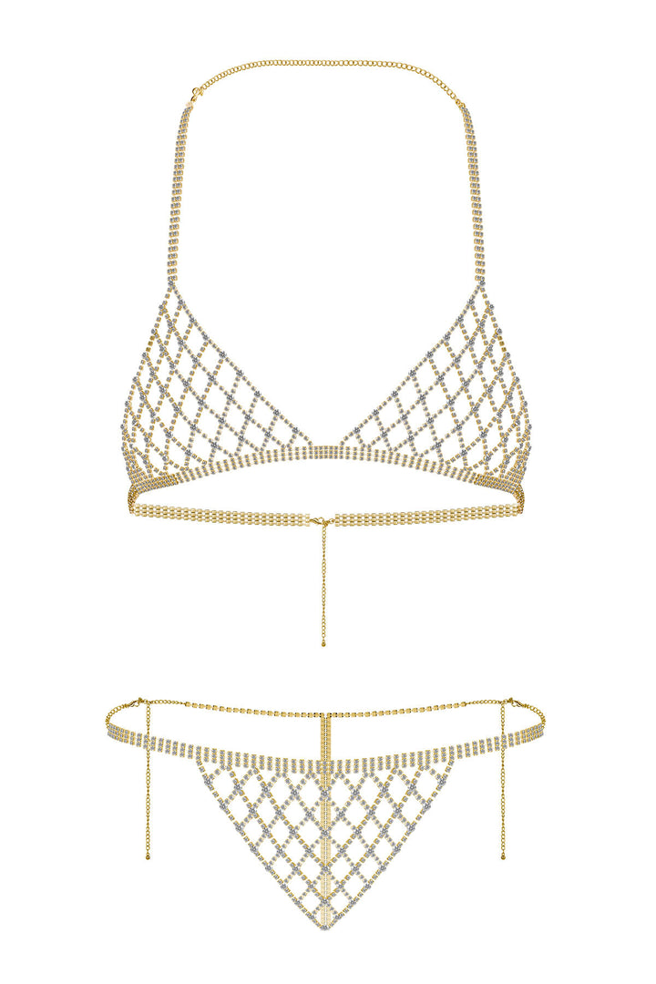 Reverie Rhinestone Lattice 2 Piece Lingerie Set Gold