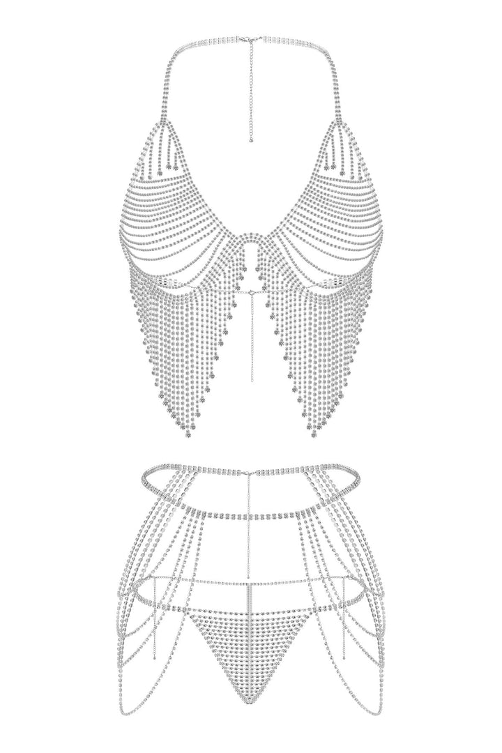 Reverie Rhinestone Tassel 3 Piece Lingerie Set Silver