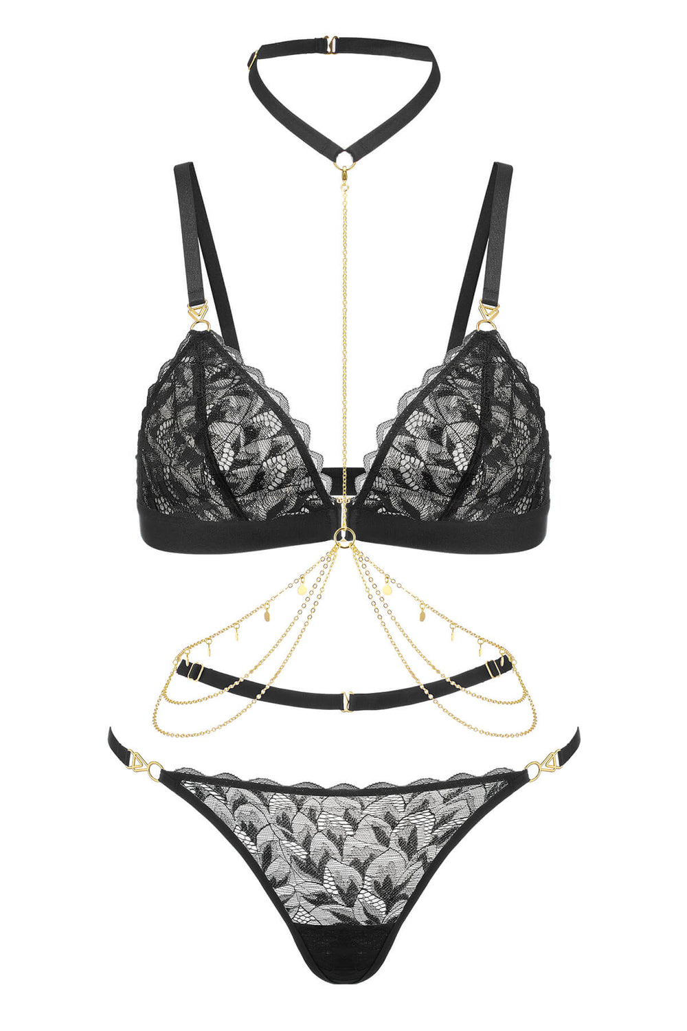 Thalassa Floral Lace 3 Piece Lingerie Set Black