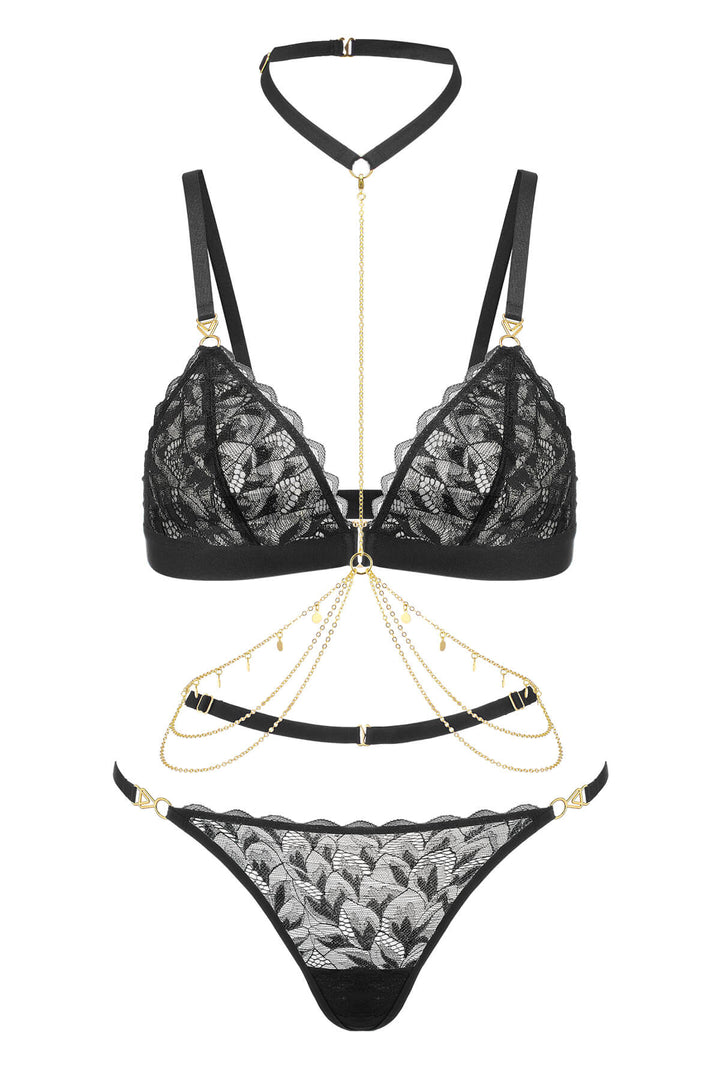 Thalassa Floral Lace 3 Piece Lingerie Set Black