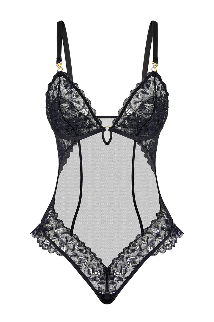 Thalassa Sheer Floral Lace Bodysuit Black