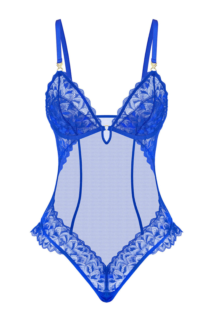 Thalassa Sheer Floral Lace Bodysuit Royal Blue