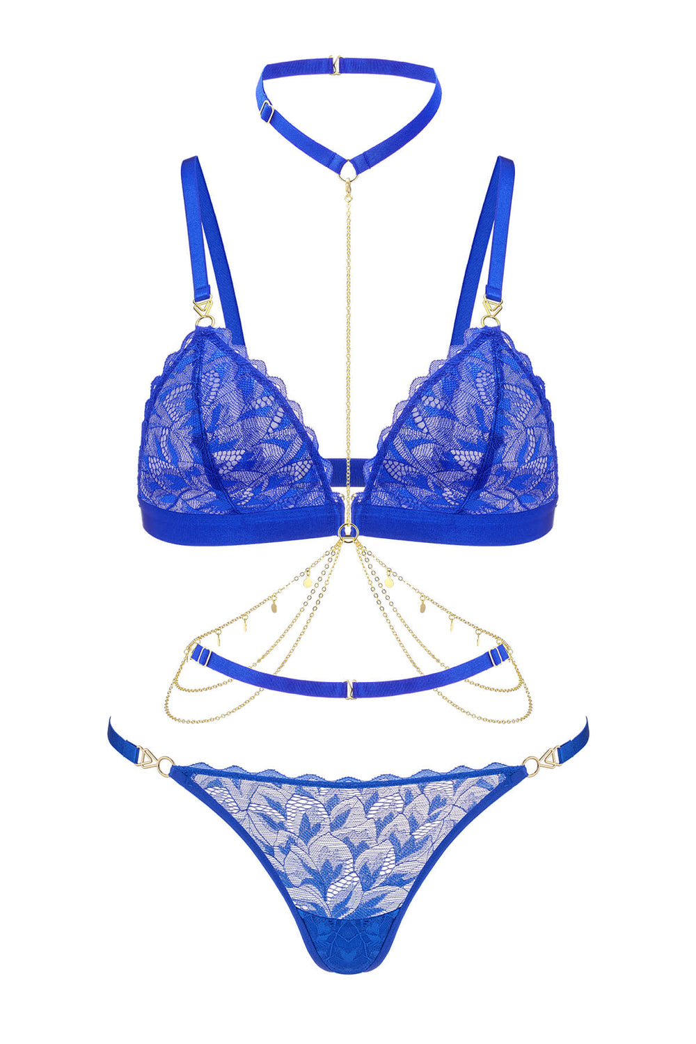 Thalassa Floral Lace 3 Piece Lingerie Set Royal Blue