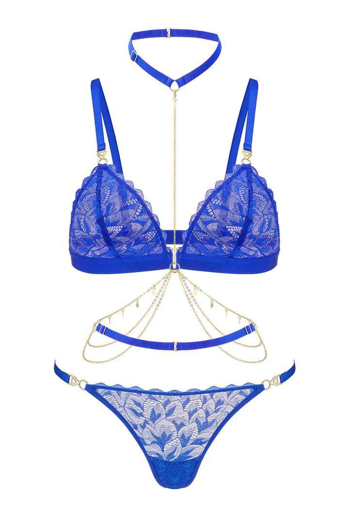Thalassa Floral Lace 3 Piece Lingerie Set Royal Blue