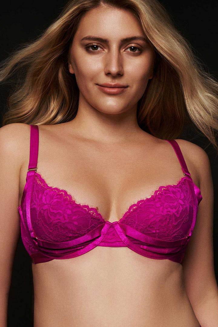 Aphrodite Floral Lace 3 Piece Lingerie Set Fuchsia