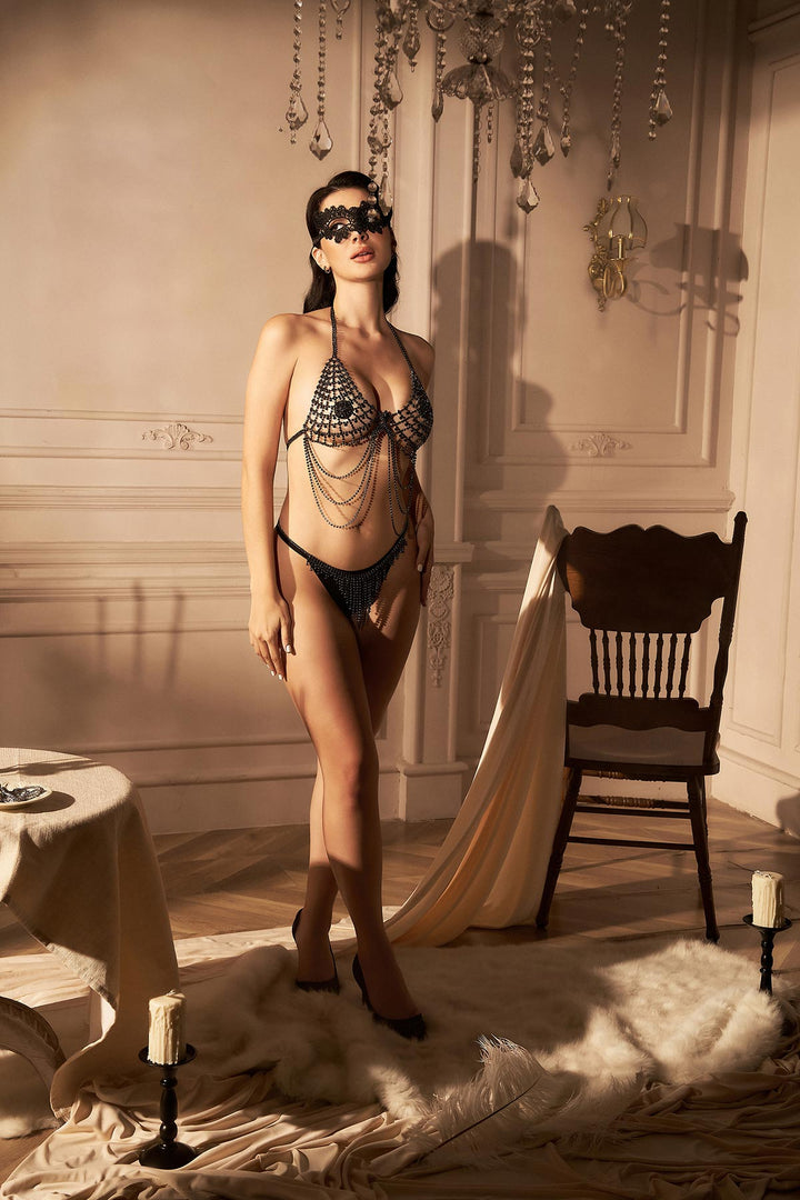 Reverie Conjunto de Lencería Sexy de 2 Piezas con Malla, Borlas y Pedrería Negro