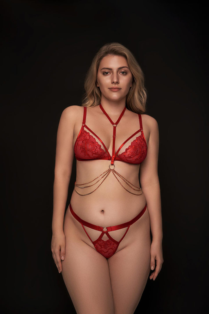 Eos Floral Embroidered 3 Piece Lingerie Set Red