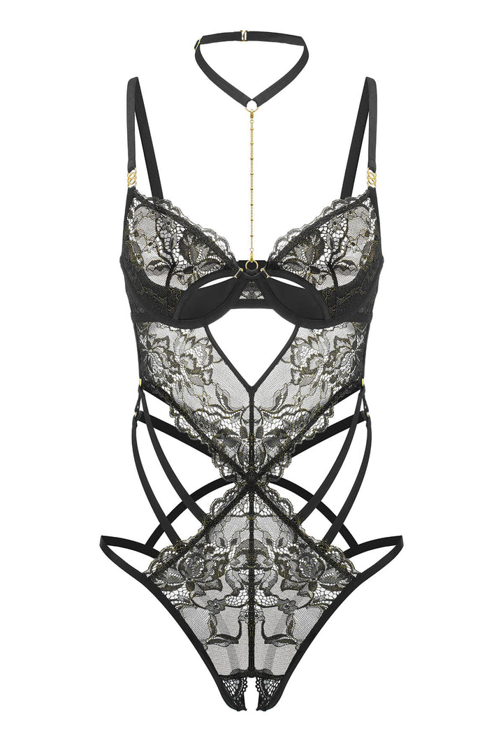Aglaia Eyelash Lace Ouvert Harness Bodysuit Black