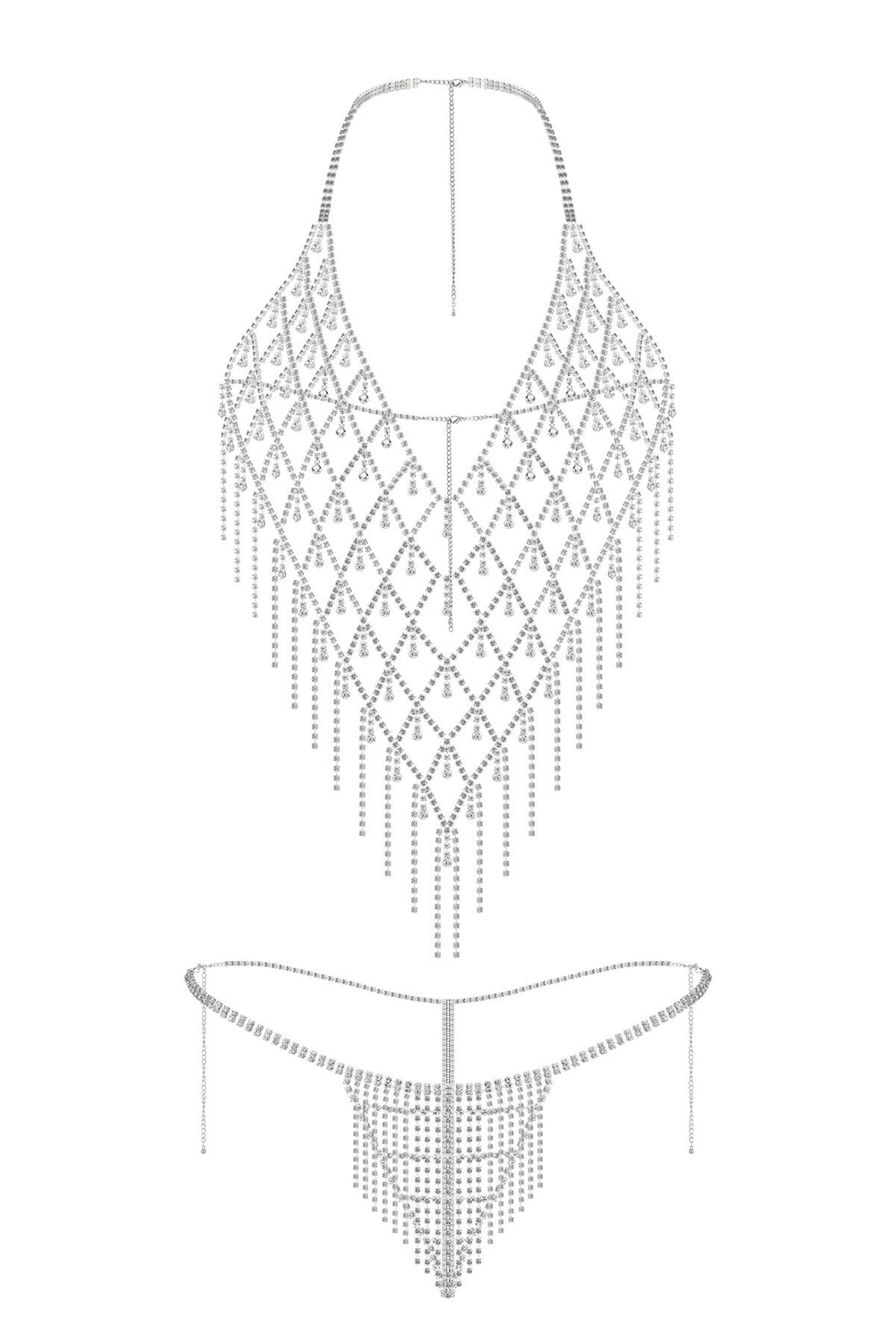 Reverie Rhinestone Halter Top 2 Piece Lingerie Set Silver