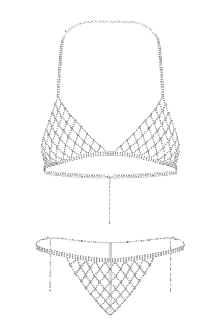 Reverie Rhinestone Lattice 2 Piece Lingerie Set Silver