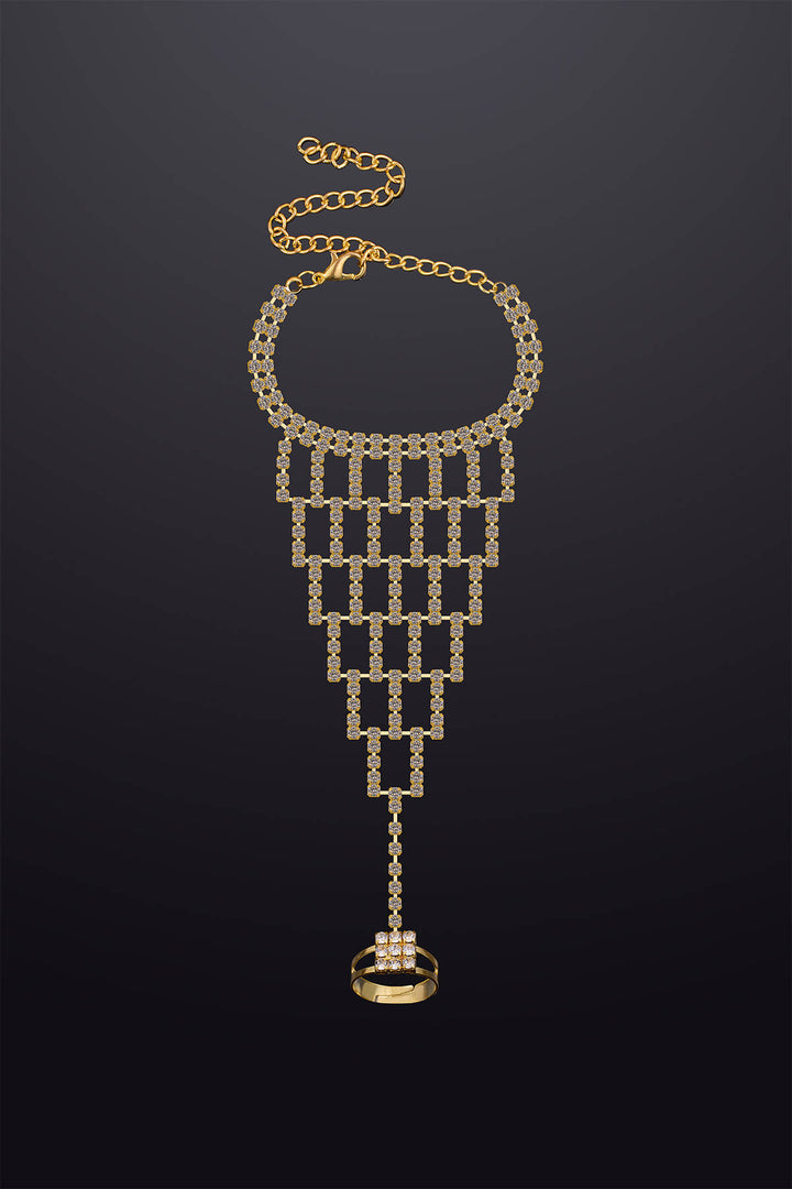 Reverie Rhinestone Lattice Chain Ring Bracelet Gold
