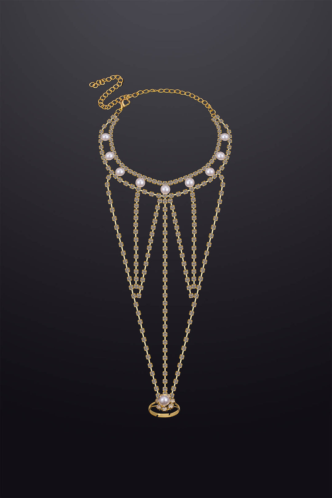 Reverie Rhinestone Linear Chain Ring Bracelet Gold