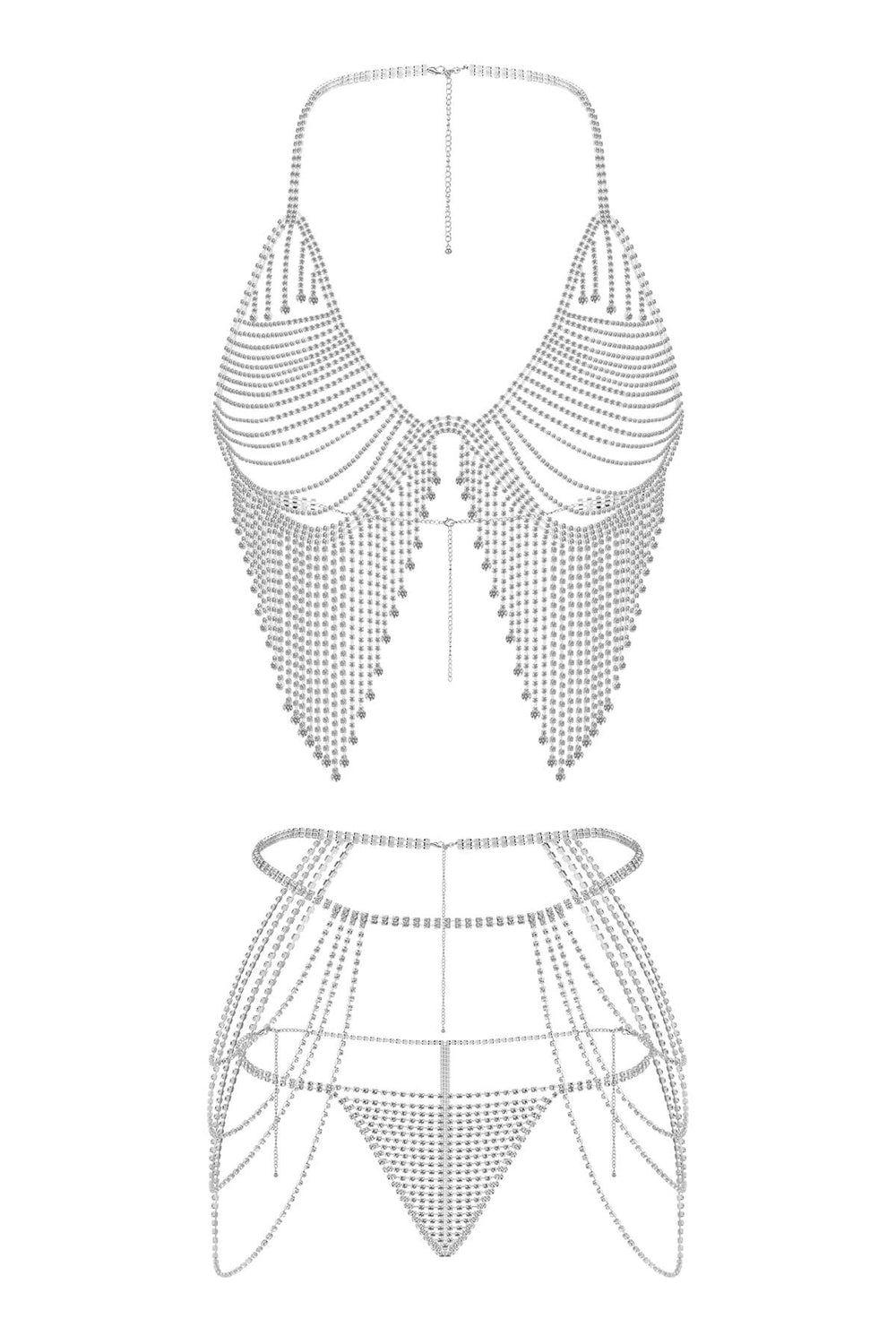 Reverie Rhinestone Tassel 3 Piece Lingerie Set Silver