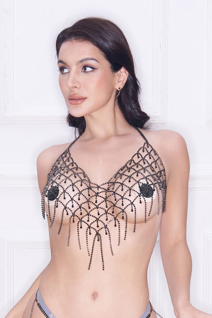 Reverie Top Halter con Rejilla y Piedras de Strass Negro