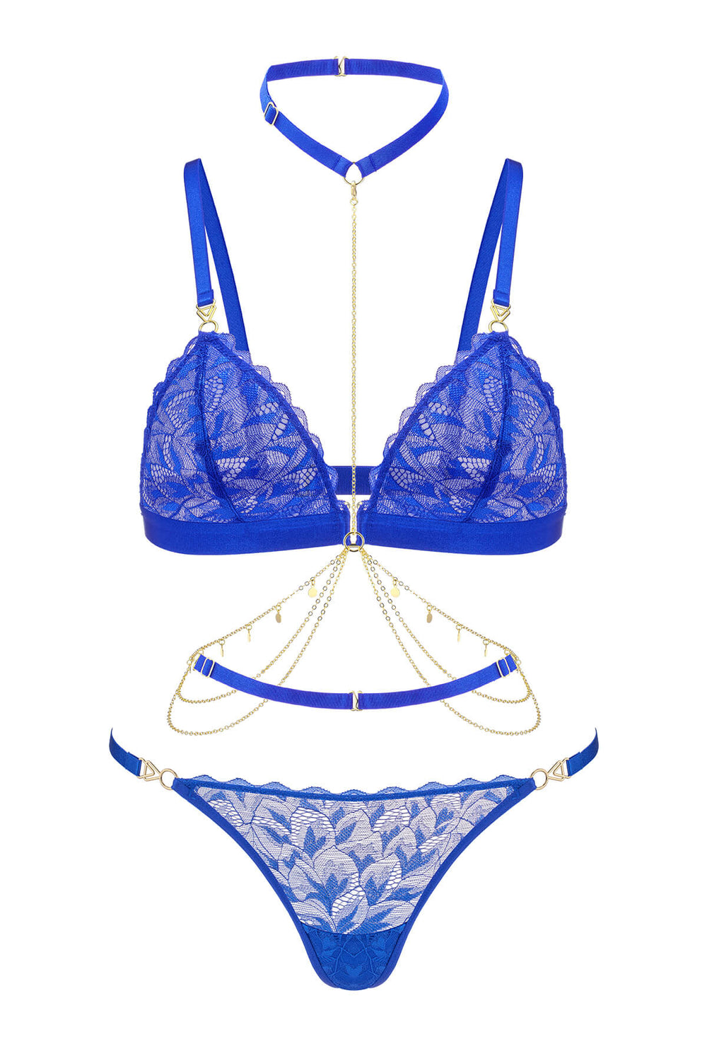 Thalassa Floral Lace 3 Piece Lingerie Set Royal Blue