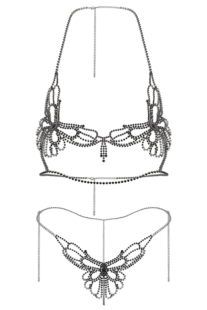 Reverie Conjunto de Lencería Sexy de 2 Piezas con Mariposa y Pedrería Negro