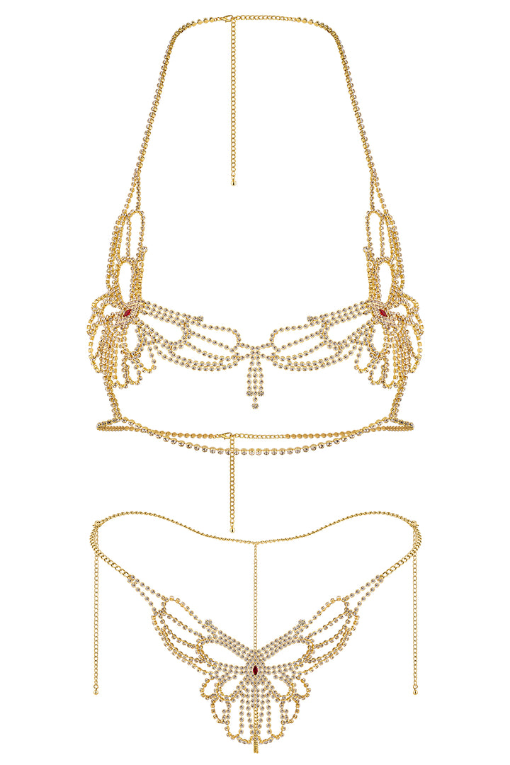 Reverie Conjunto de Lencería Sexy de 2 Piezas con Mariposa de Pedrería Dorada
