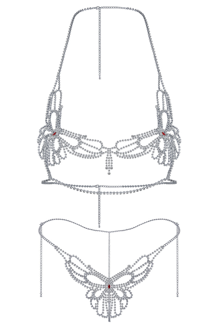 Reverie Set Lingerie Sexy 2 Pezzi Farfalla con Strass Argento