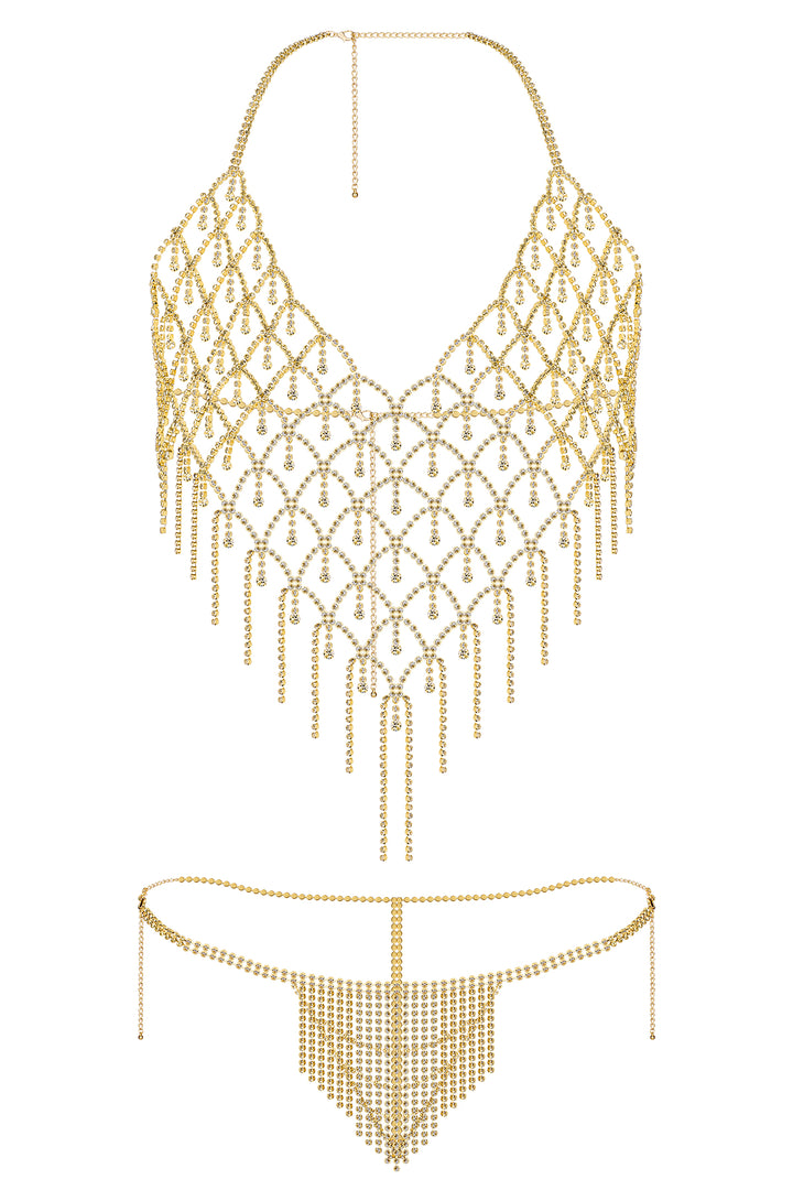 Reverie Ensemble Lingerie Sexy 2 Pièces Top Dos Nu à Strass Or