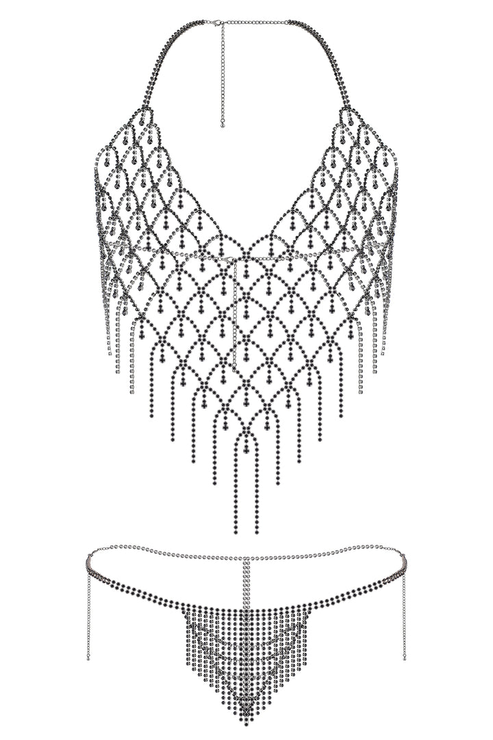 Reverie Top Halter con Pedrería Conjunto de Lencería Sexy de 2 Piezas Negro