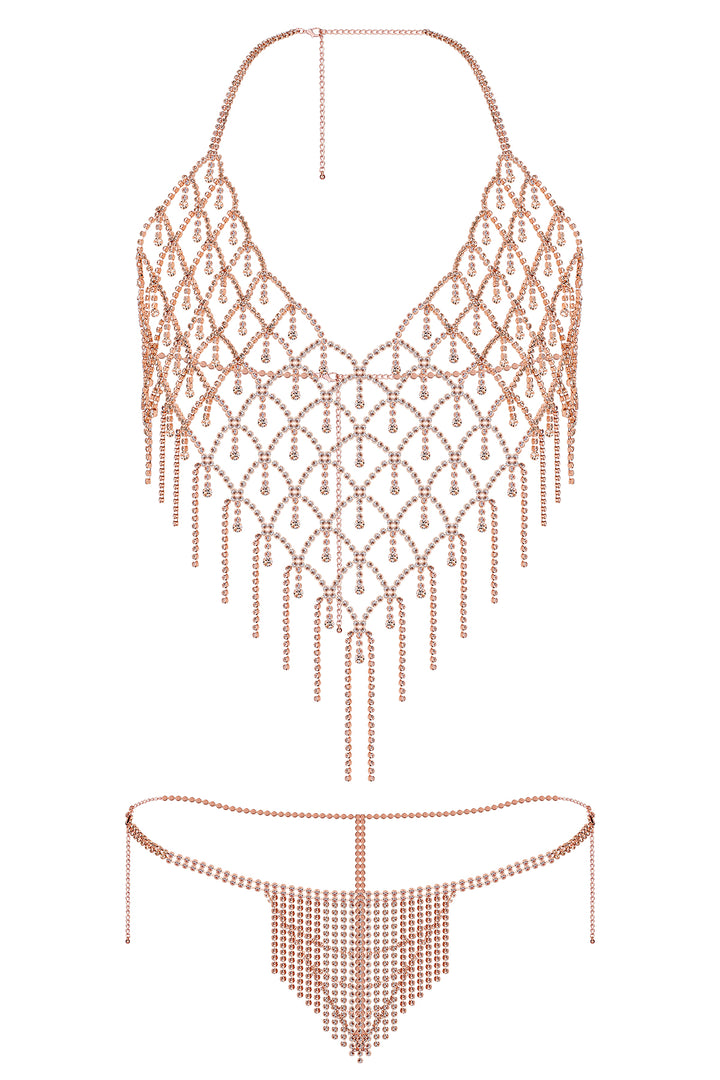 Reverie Strass-Halfter-Top 2-teiliges Sexy Dessous-Set Roségold