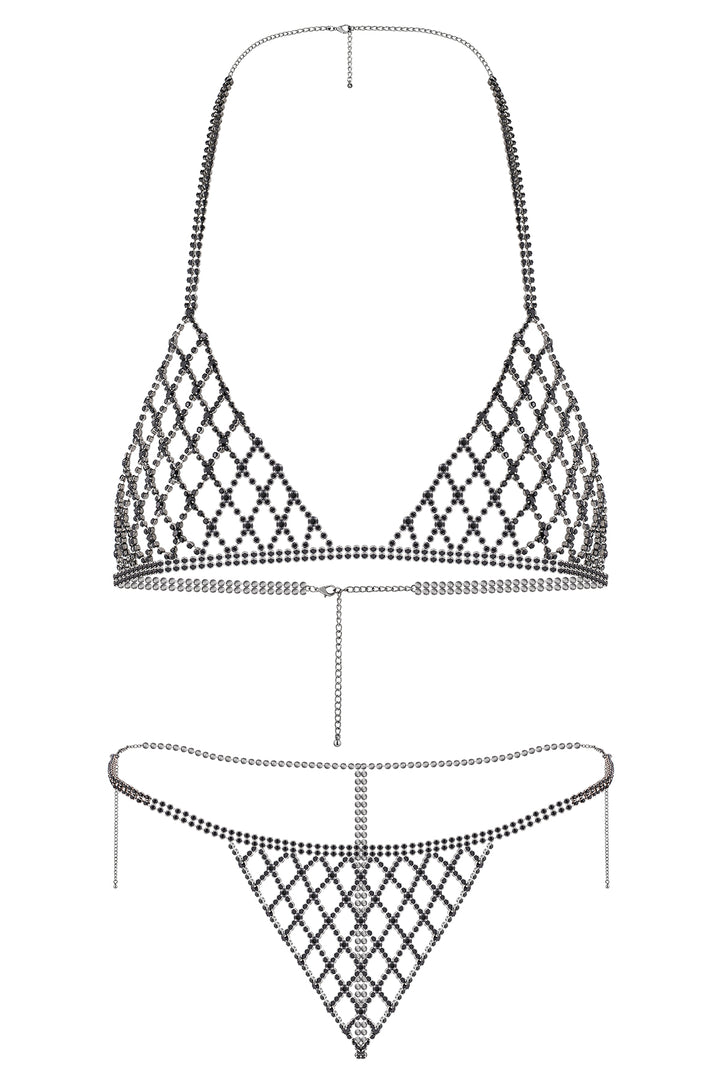 Reverie Strass-Gitter 2-teiliges Sexy Dessous-Set Schwarz