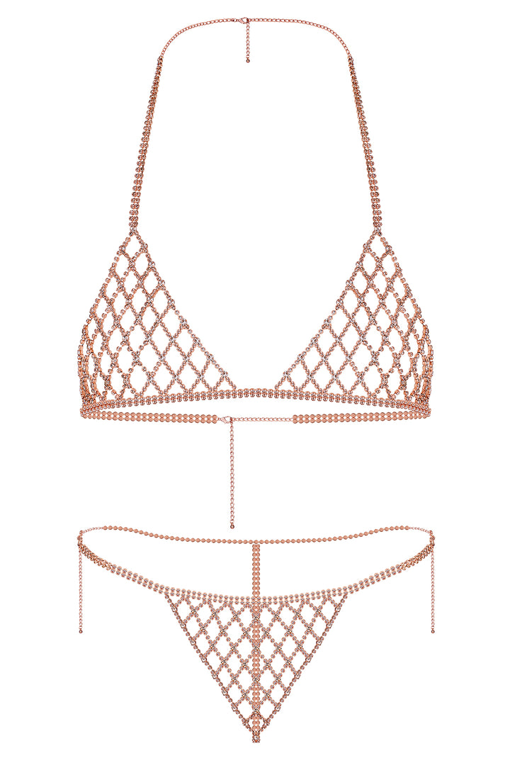 Reverie Conjunto de Lencería Sexy de 2 Piezas con Rejilla de Piedras Brillantes Oro Rosa