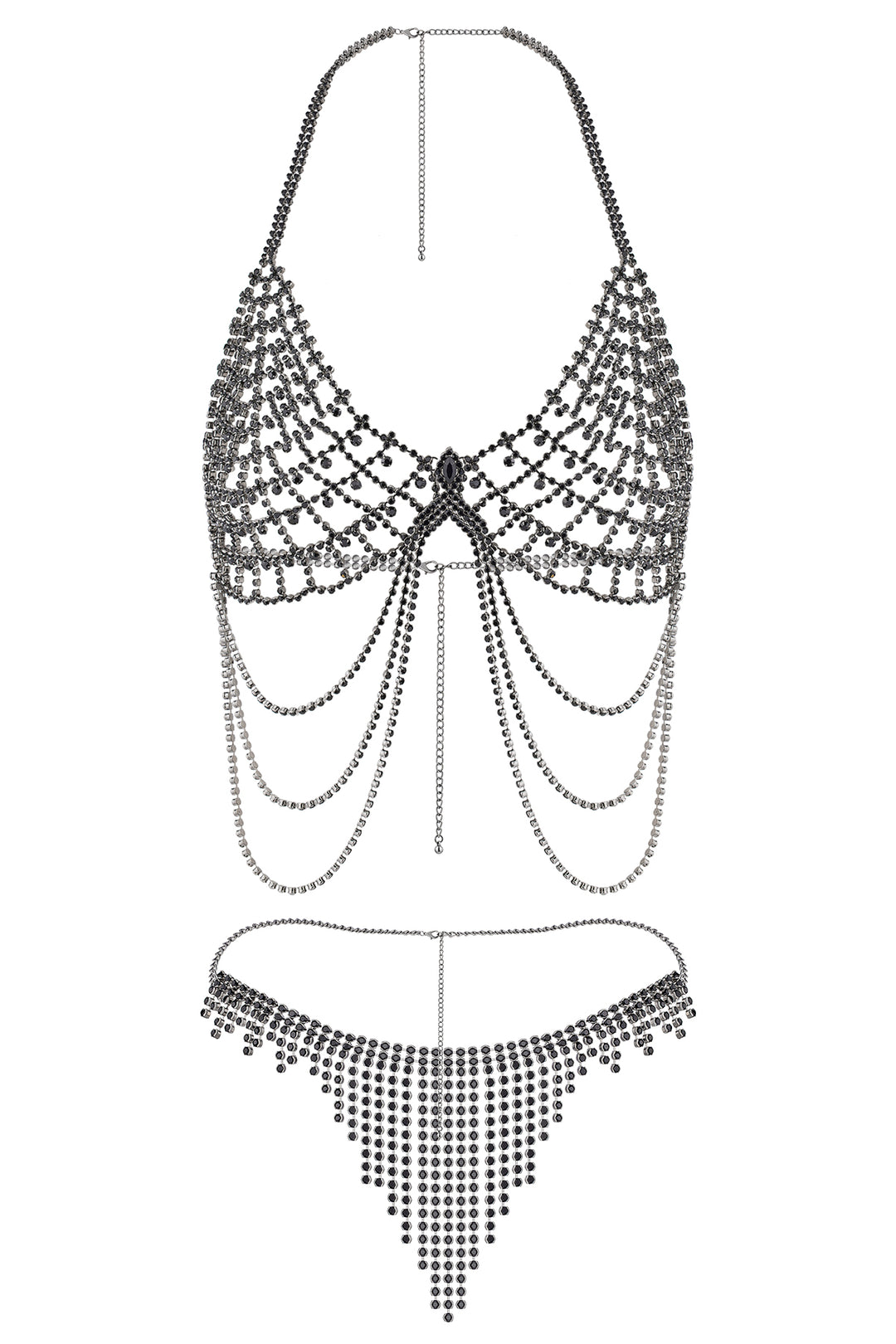 Reverie Conjunto de Lencería Sexy de 2 Piezas con Malla, Borlas y Pedrería Negro