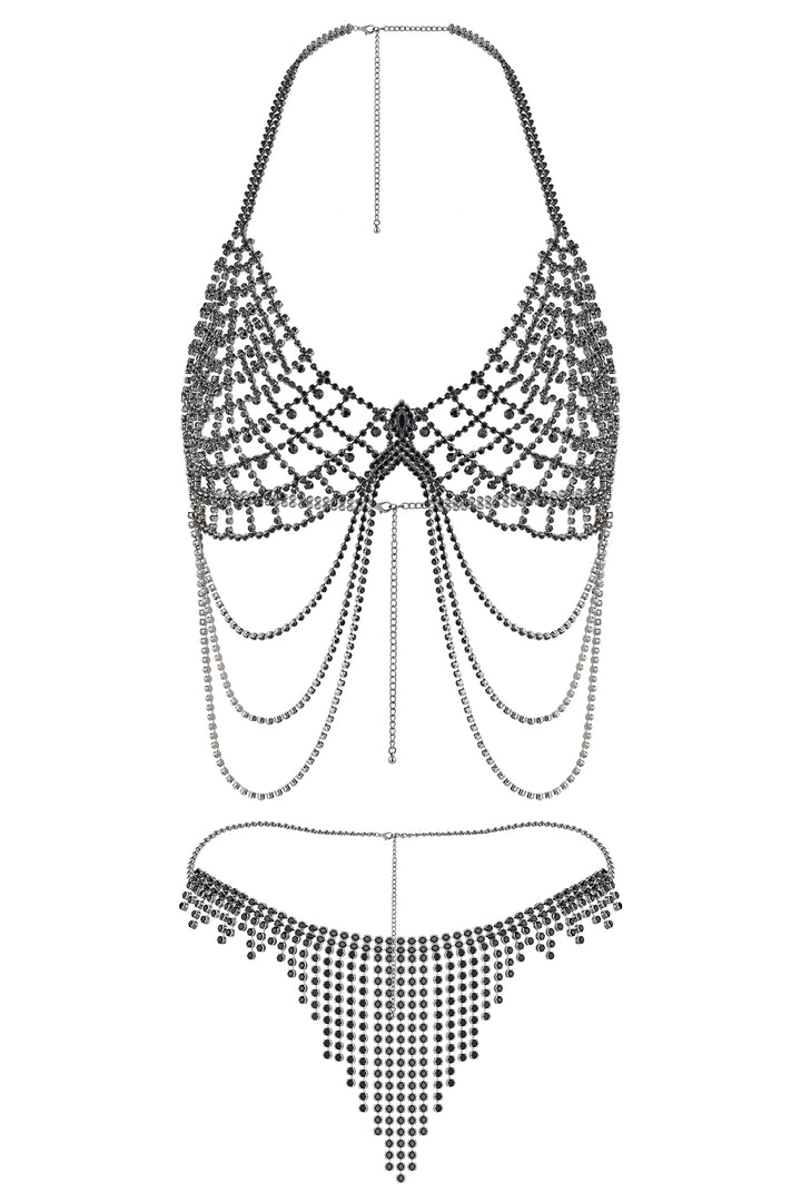 Reverie Conjunto de Lencería Sexy de 2 Piezas con Malla, Borlas y Pedrería Negro