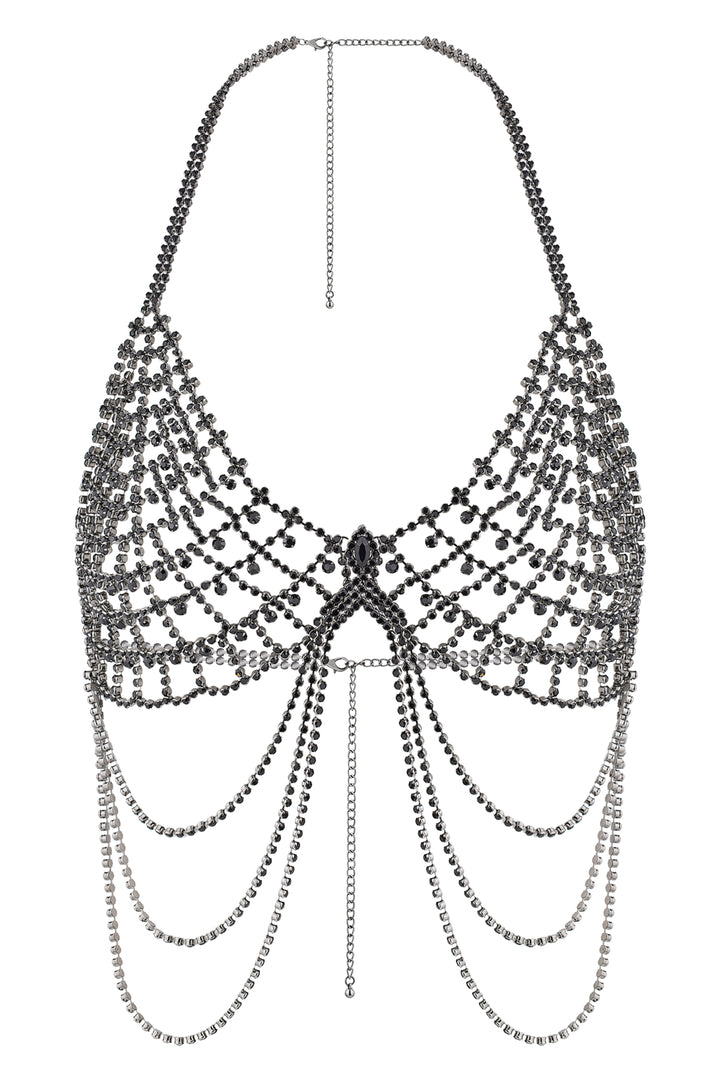 Reverie Rhinestone Mesh Tassel Bra Black