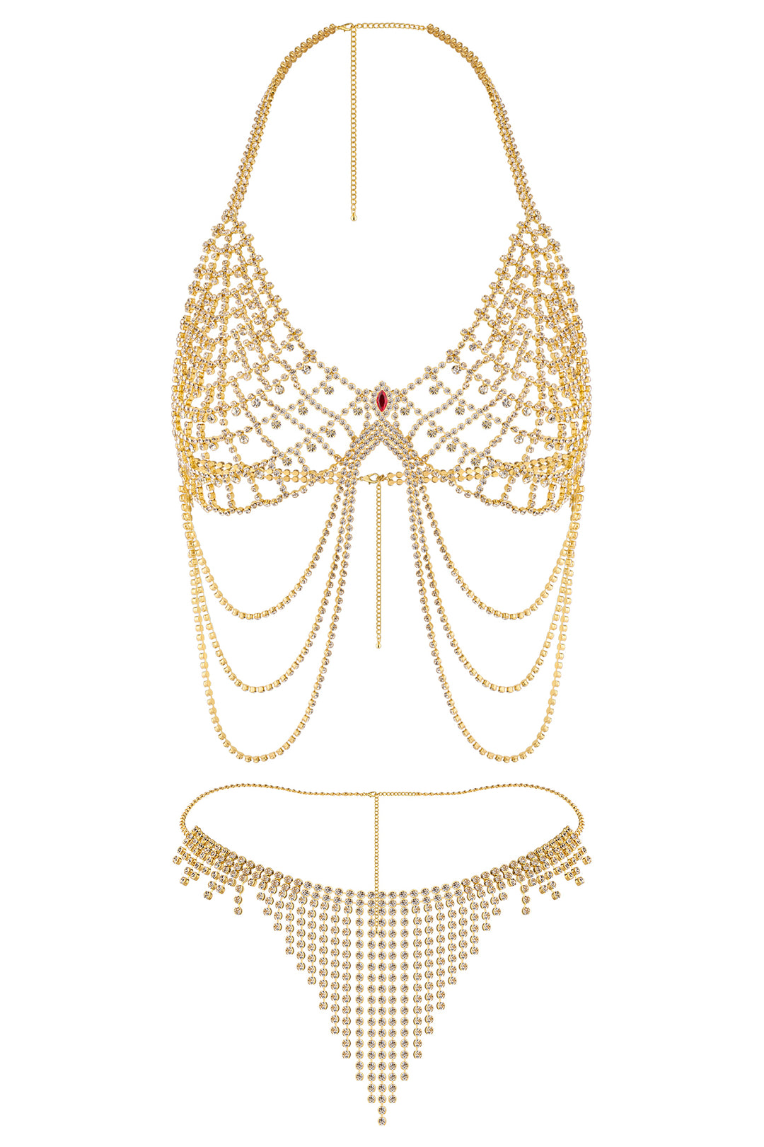 Reverie Conjunto de Lencería Sexy de 2 Piezas con Malla, Borlas y Piedras Brillantes Oro