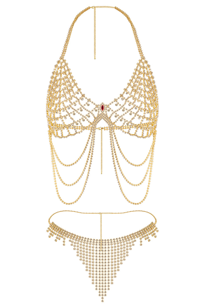 Reverie Conjunto de Lencería Sexy de 2 Piezas con Malla, Borlas y Piedras Brillantes Oro