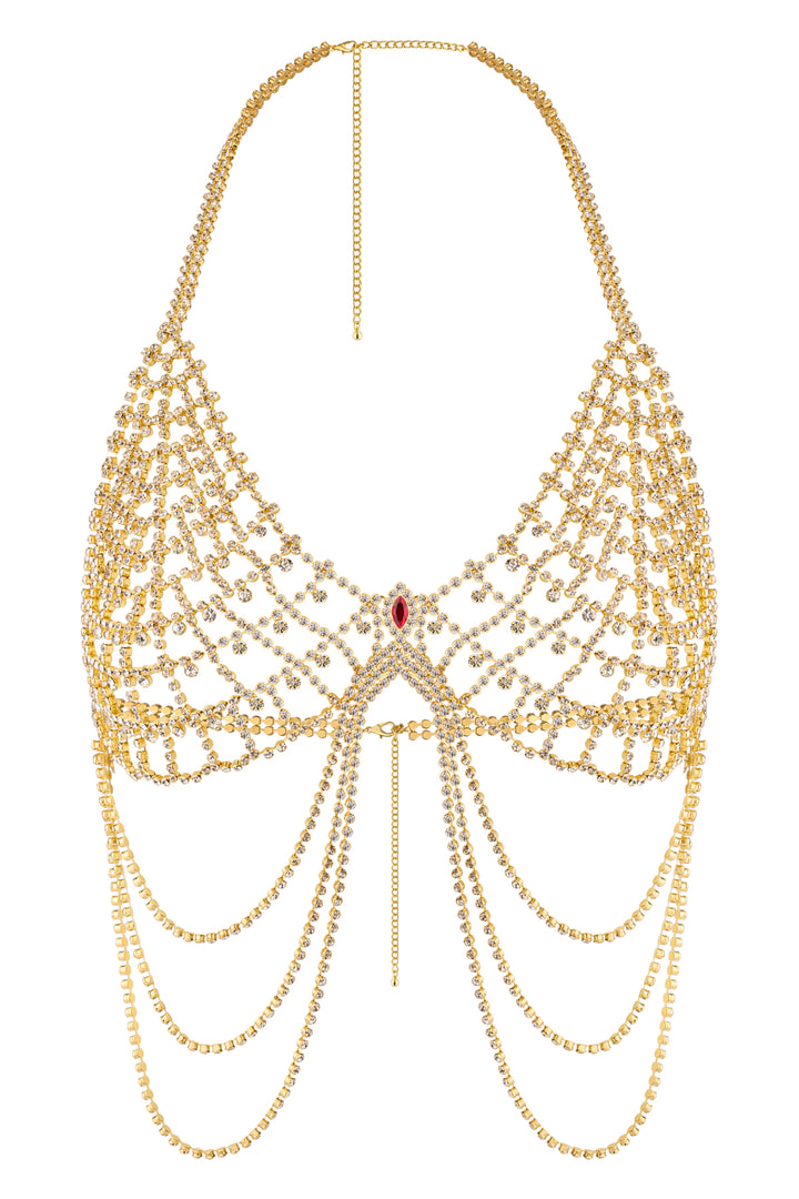 Reverie Rhinestone Mesh Tassel Bra Gold