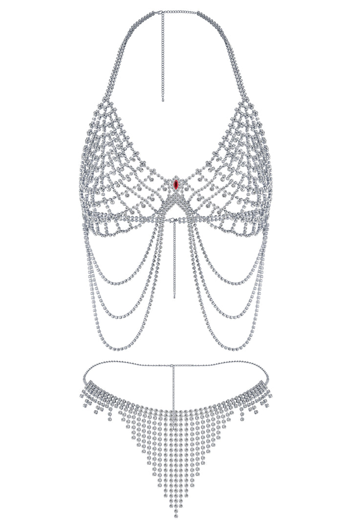 Reverie Set Lingerie Sexy 2 Pezzi con Nappa in Rete e Strass Argento