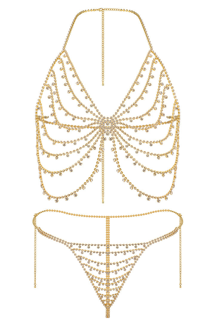 Reverie Conjunto de Lencería Sexy de 2 Piezas con Ondas y Piedras Brillantes Oro