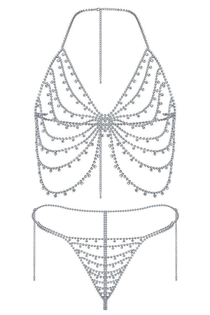 Reverie Set Sexy Lingerie 2 Pezzi con Onde e Strass Argento