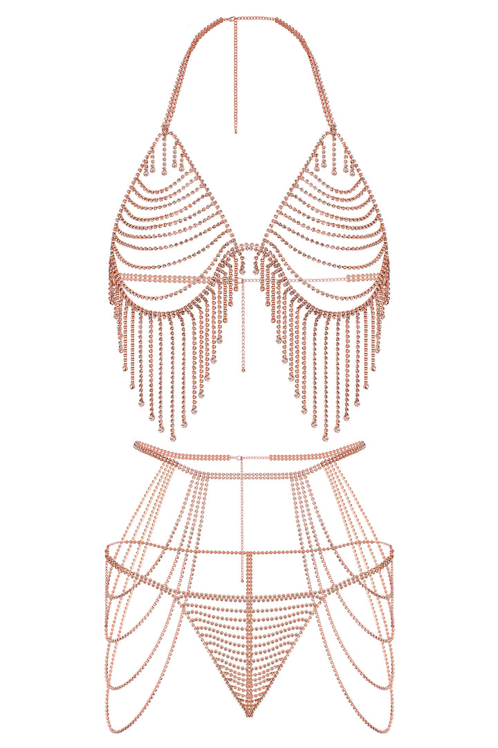 Reverie Conjunto de Lencería Sexy de 3 Piezas con Borlas y Piedras Brillantes Oro Rosa