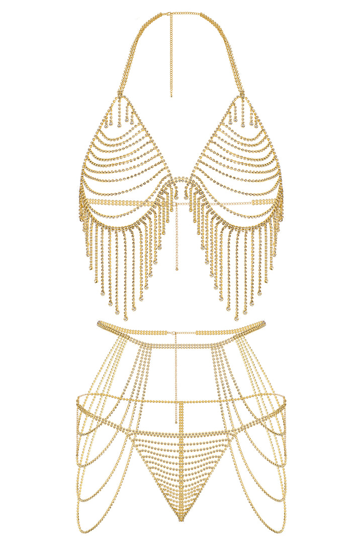 Reverie Conjunto de Lencería Sexy de 3 Piezas con Borlas y Pedrería Dorada